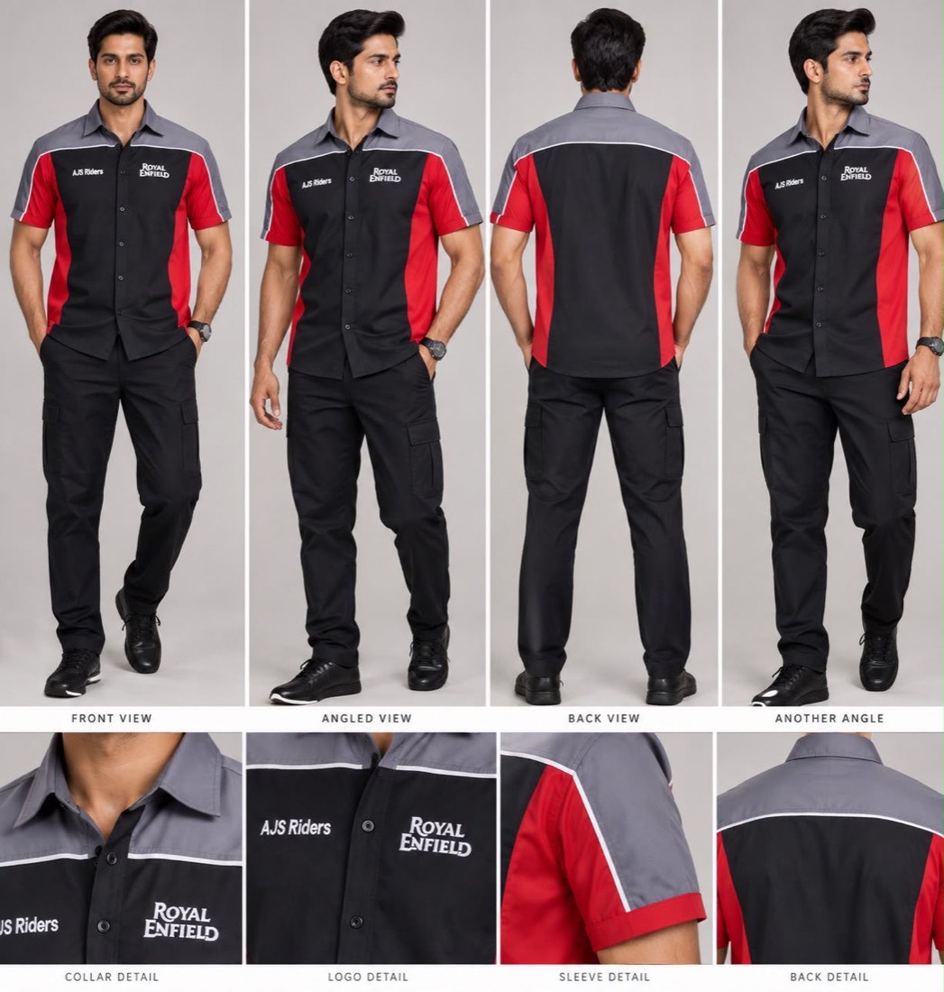 Dealership uniform manufactured for Royal Enfield — black, red and grey panelled shirt with cargo trousers