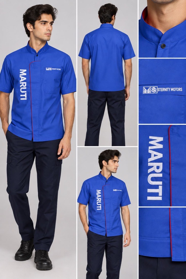 Service uniform manufactured for a Maruti Suzuki dealership — blue mandarin-collar shirt with navy cargo trousers