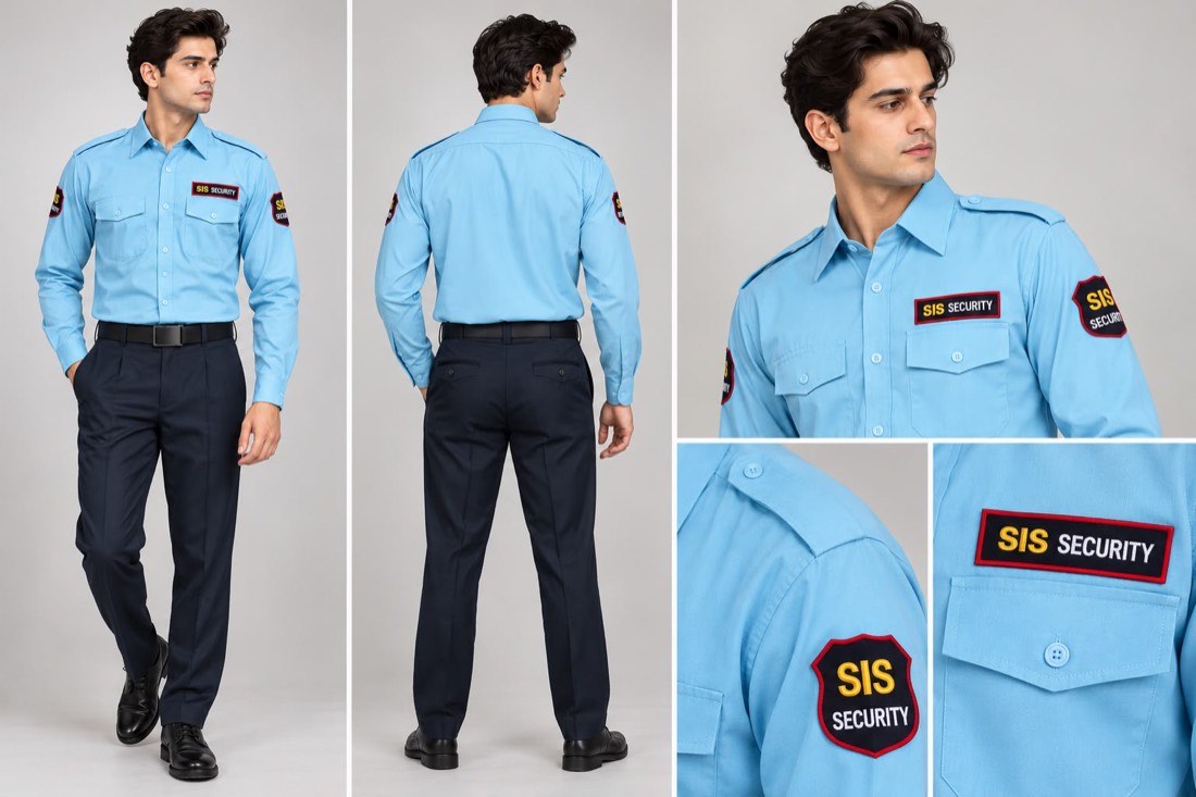 Guard uniform manufactured for SIS Security — pale blue shirt with navy trousers and SIS insignia